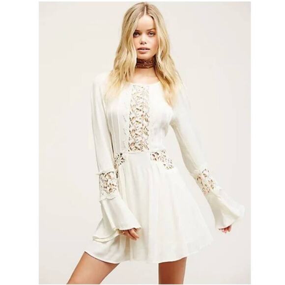 Free People Ivory Sunkissed Crochet Cutout Mini Dress Size 2 - Picture 1 of 11